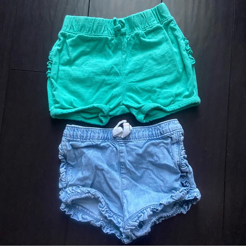 Jumping Beans baby girl jean ruffle hem & green ruffle bottom shorts size 18M